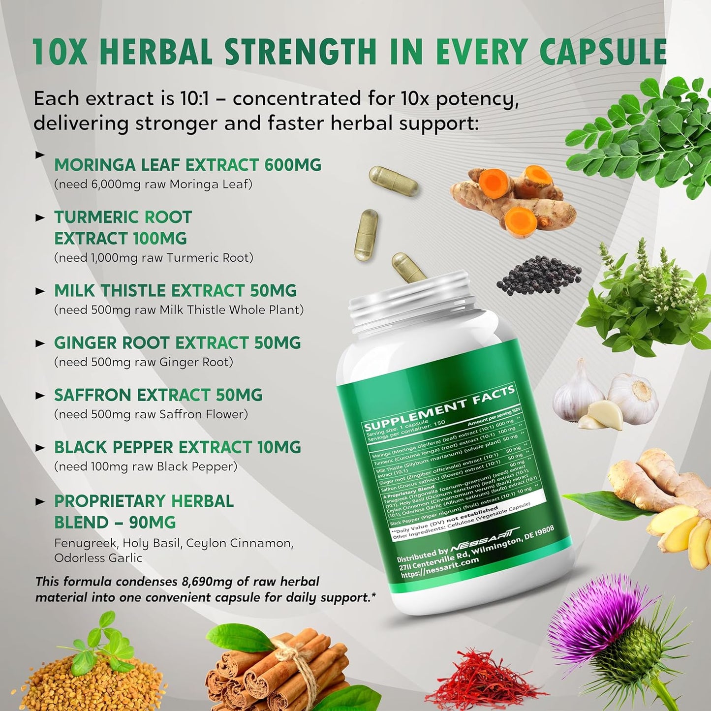 Moringa Supplement - 10-in-1 Natural Blend with Turmeric Milk Thistle Ginger Saffron Fenugreek Holy Basil Ceylon Cinnamon - 150 Count - Made & Tested in The USA