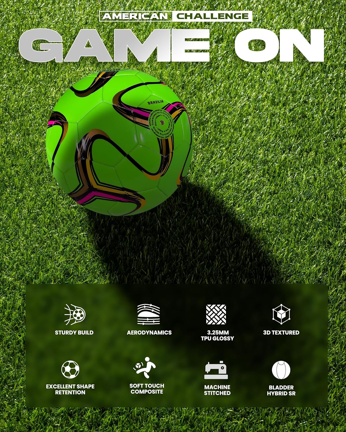 American Challenge Brasilia Soccer Ball – Soccer Ball Size 5, 4, 3 & 2 – for Youth & Adults – Ideal for Practice, Training & Grass Fields