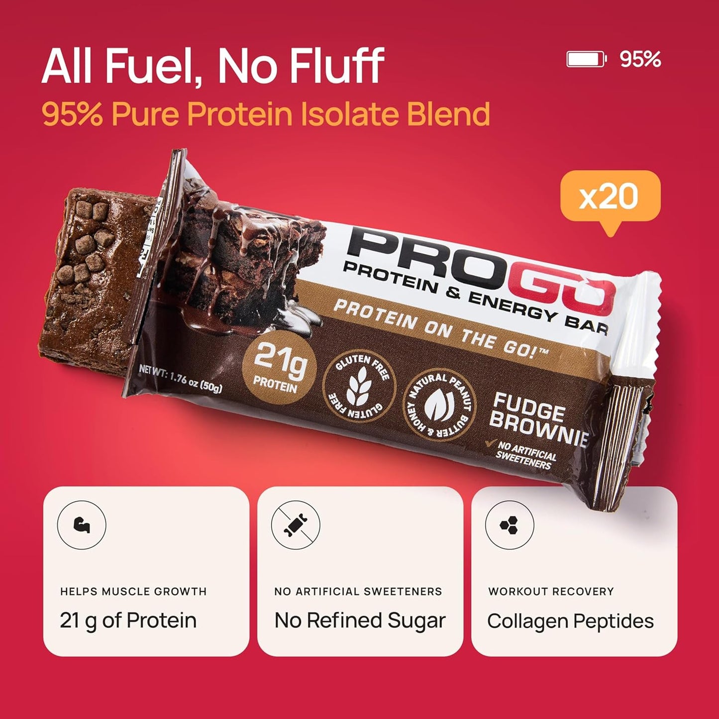 ProGo Protein Bars, Low Sugar, High Protein Snacks (21g) - 95% Pure Isolate for Faster Muscle Growth & Recovery, Low Calorie, Sweetened w/Peanut Butter & Honey (20-Count, Fudge Brownie)