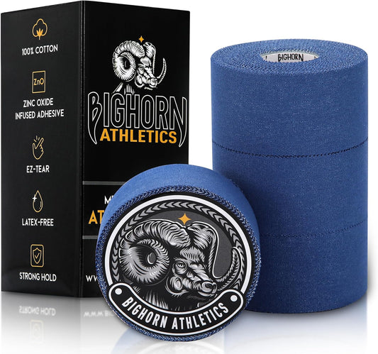 Bighorn Athletics Sports Tape | EZ-Tear Blue Athletic Tape for Wrist, Ankle & Foot Support | Zinc Oxide Infused & Latex-Free Adhesive, Breathable Cotton Fabric, 1.5-Inch x 45-Feet, 4 Rolls, Blue