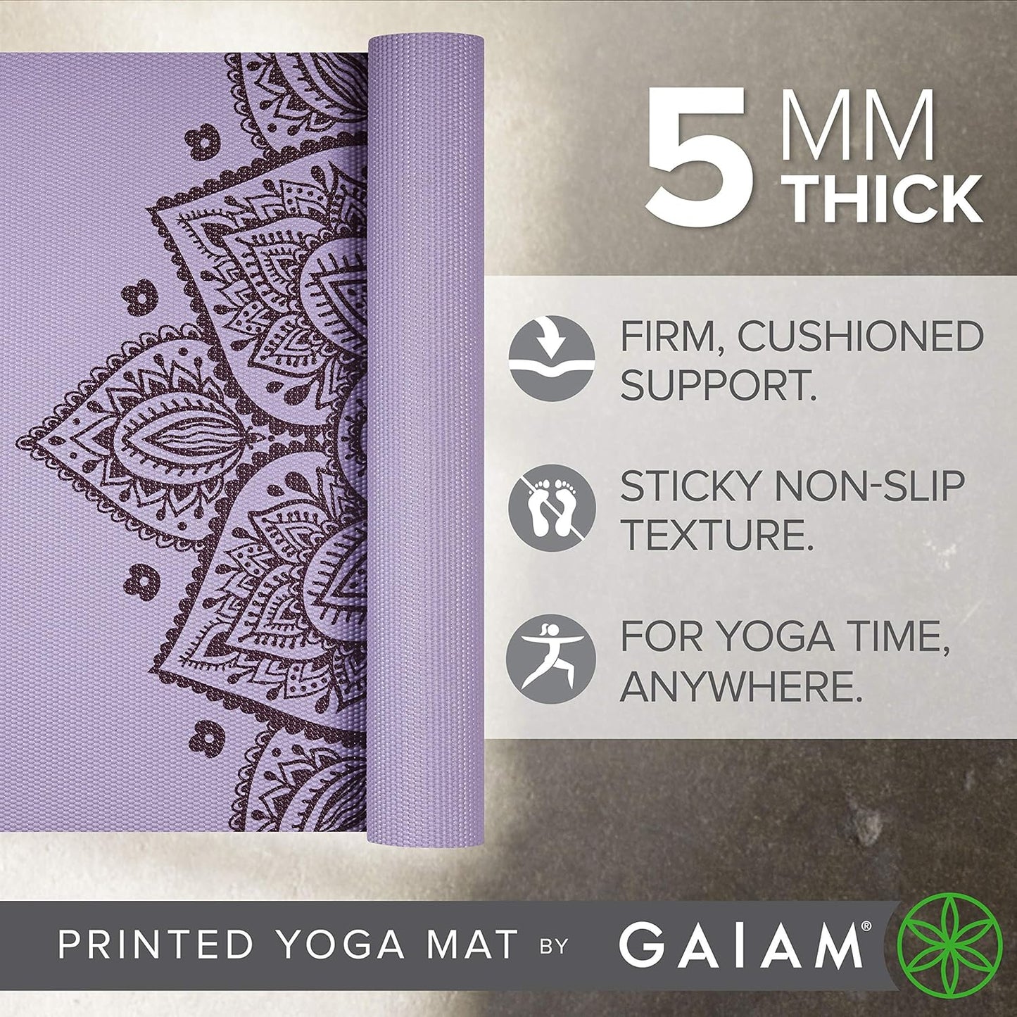 Gaiam Yoga Mat - Premium 5mm Print Thick Non Slip Exercise & Fitness Mat for All Types of Yoga, Pilates & Floor Workouts (68" x 24" x 5mm)