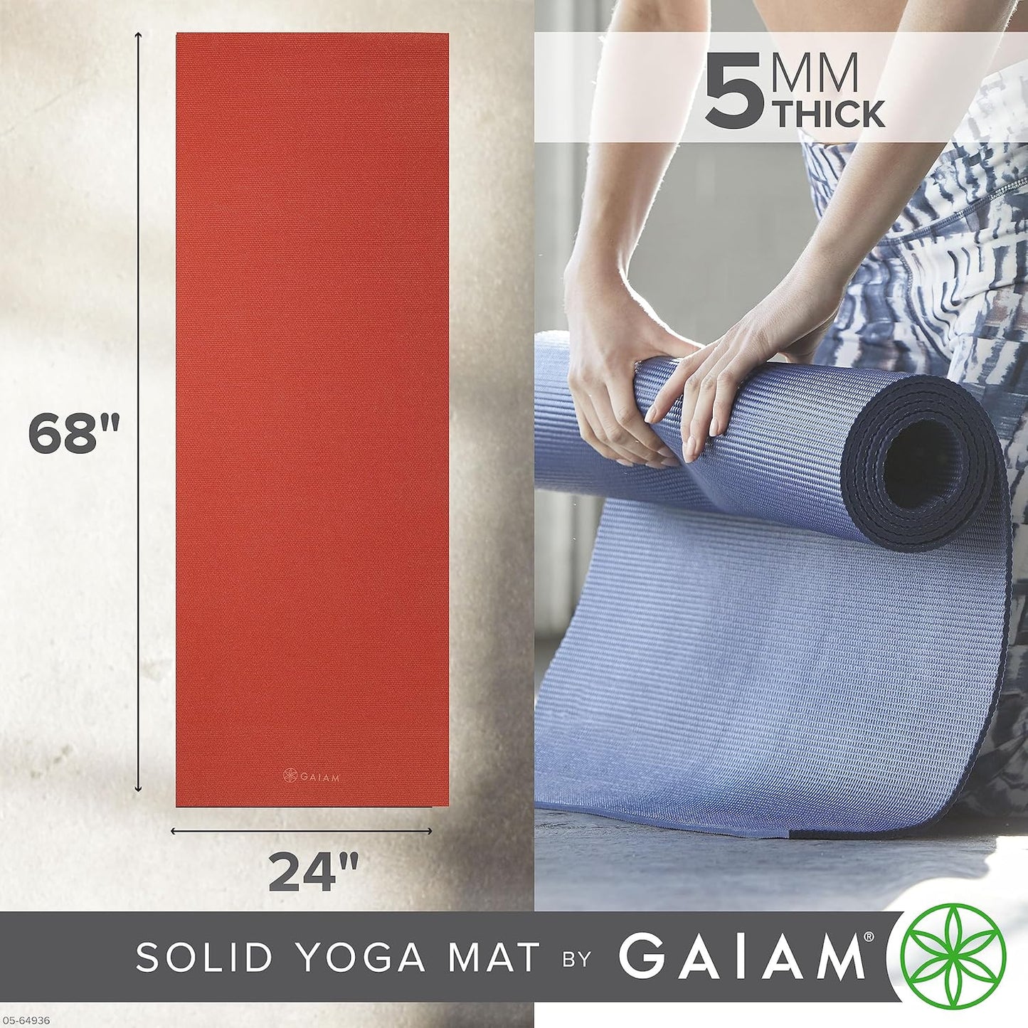 Gaiam Yoga Mat - Premium 5mm Solid Thick Non Slip Exercise & Fitness Mat for All Types of Yoga, Pilates & Floor Workouts (68" x 24" x 5mm)
