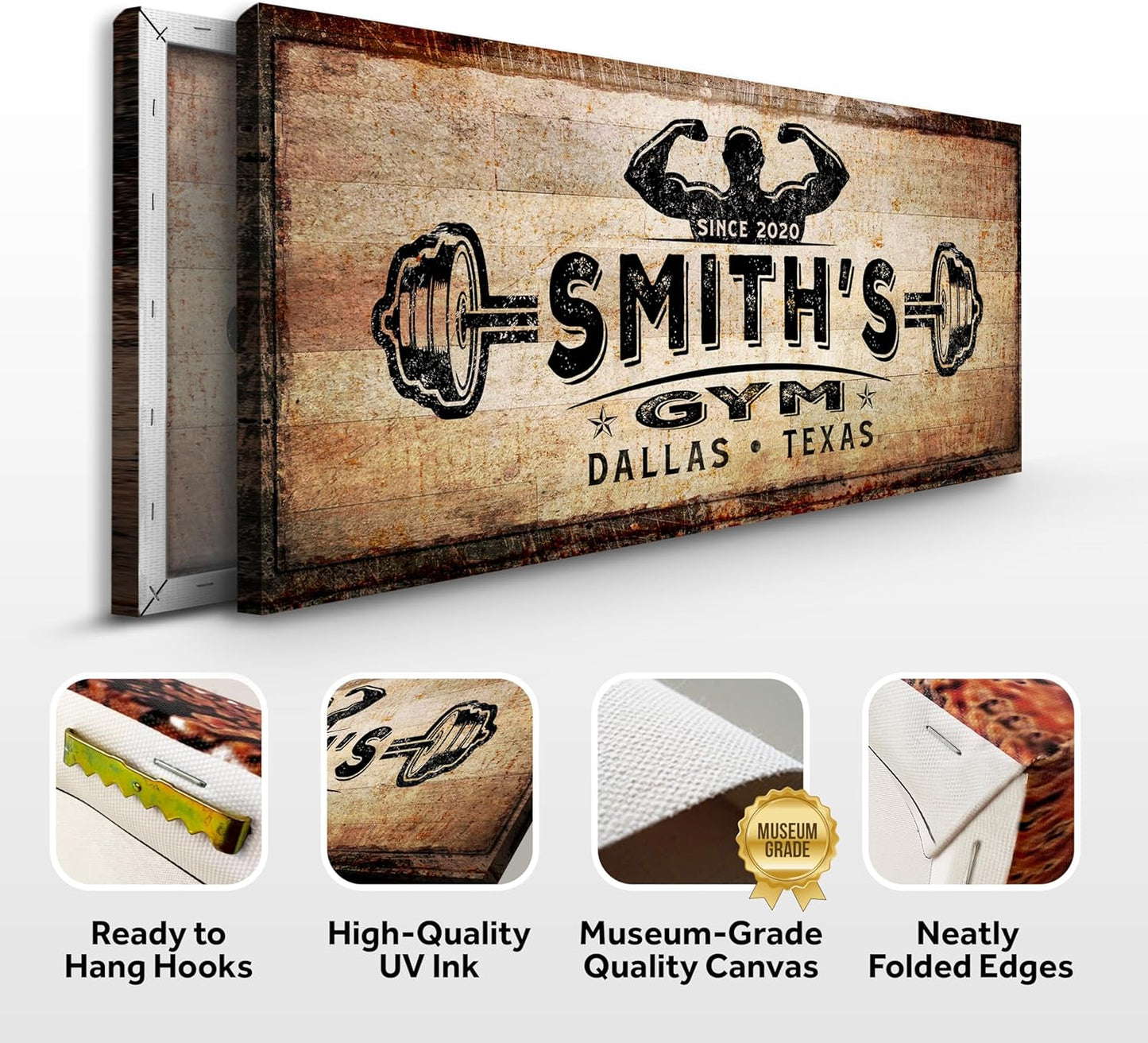 TAILORED CANVASES Personalized Gym Sign Wall Art Decor - Motivational Canvas s for Home Gym, Workout Room, Garage, Fitness Center - Workout Inspirational Posters - Gym Name on Rustic Copper, 20x10in