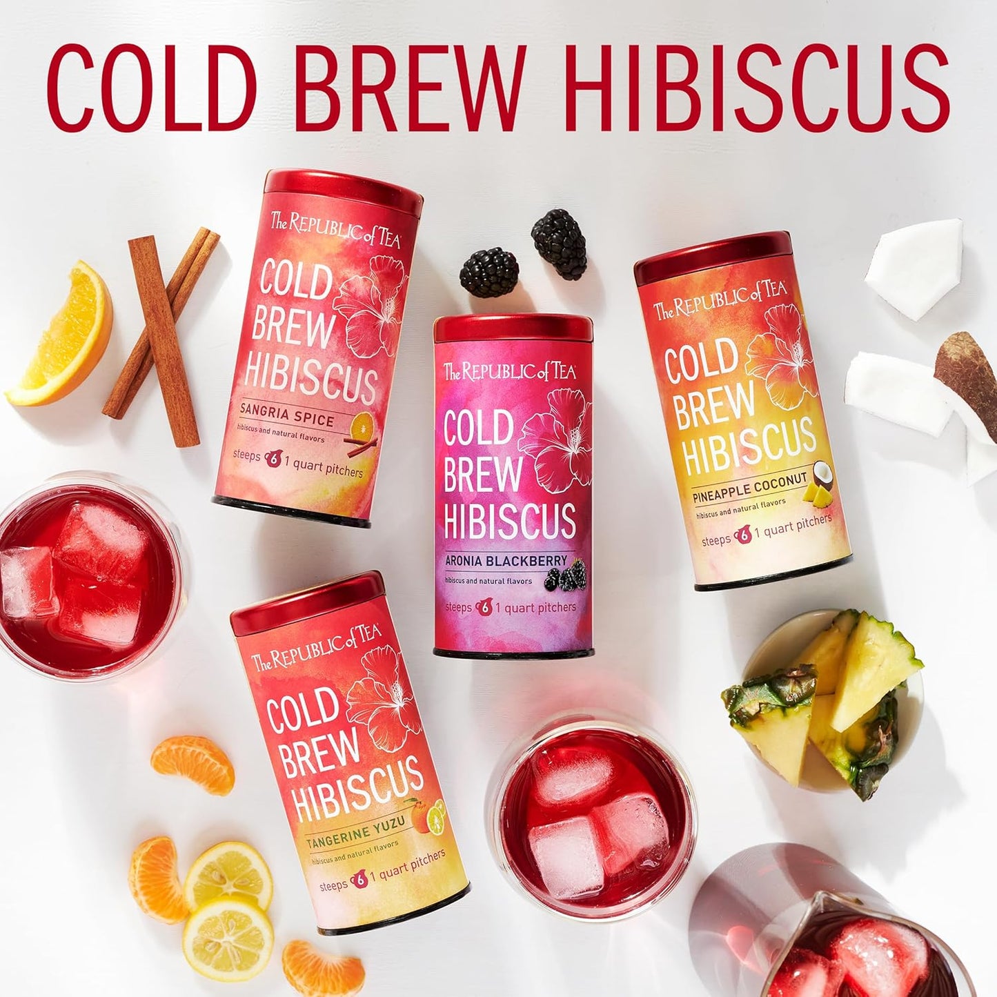 The Republic of Tea – Cold Brew Hibiscus Pineapple Coconut Iced Tea, Large Herbal Iced Tea Pouches, Steeps Six One-Quart Pitchers