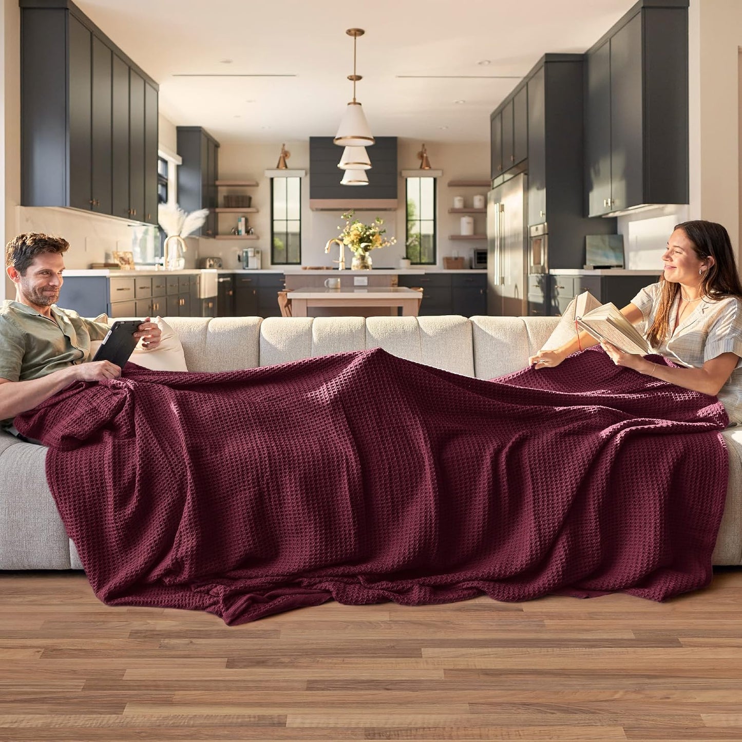 Bedsure 100% Cotton Blanket King Size for Bed - Breathable and Soft, Waffle Weave Blanket for Summer, Thick Cozy Fall Blankets for Women Gift, Red, 104x90 inches