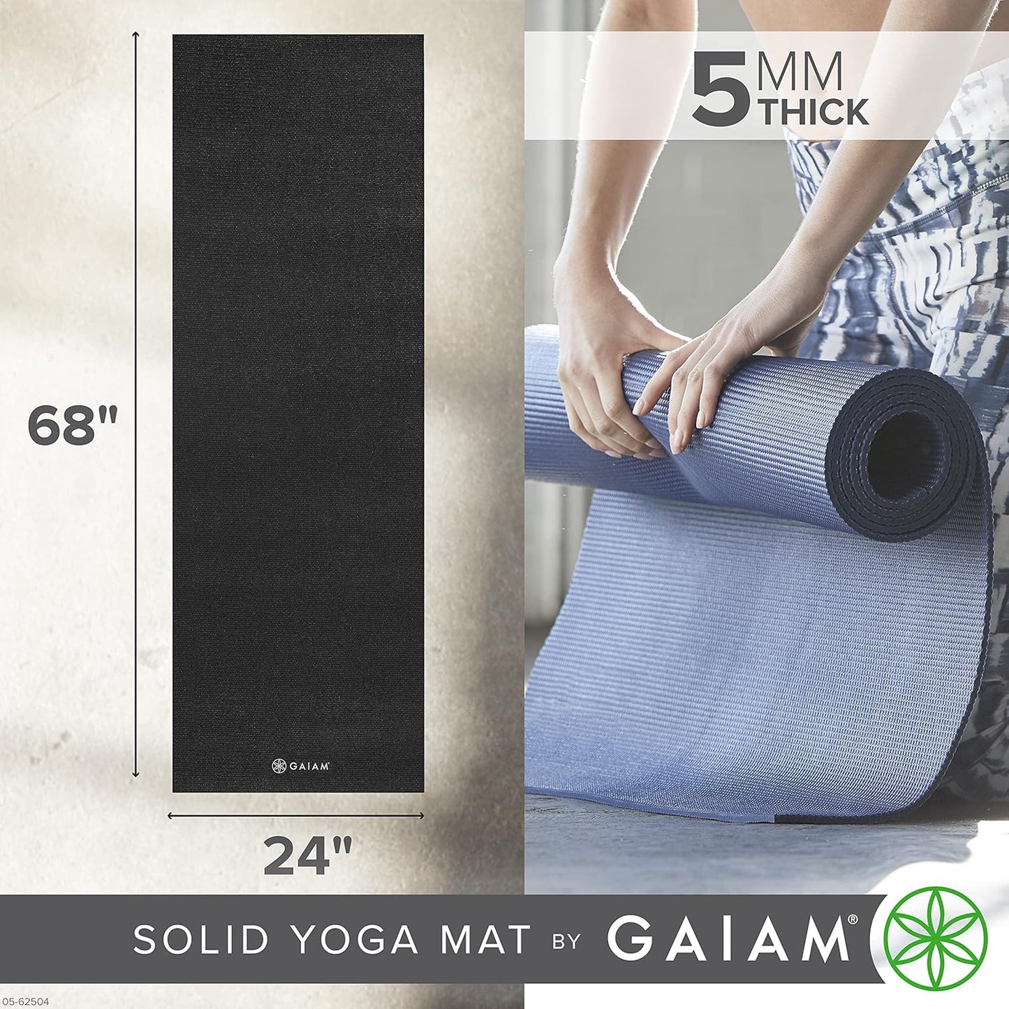 Gaiam Yoga Mat - Premium 5mm Solid Thick Non Slip Exercise & Fitness Mat for All Types of Yoga, Pilates & Floor Workouts (68" x 24" x 5mm)