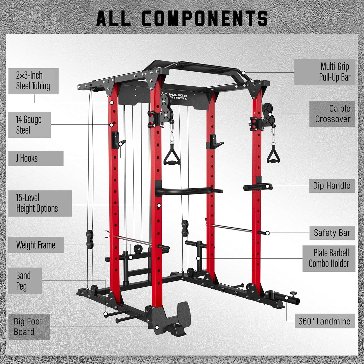 MAJOR FITNESS PLM03 Power Rack - 1400LBS Home Gym with Cable Crossover, Pull-Up Bar & Landmine, Strength Training Equipment