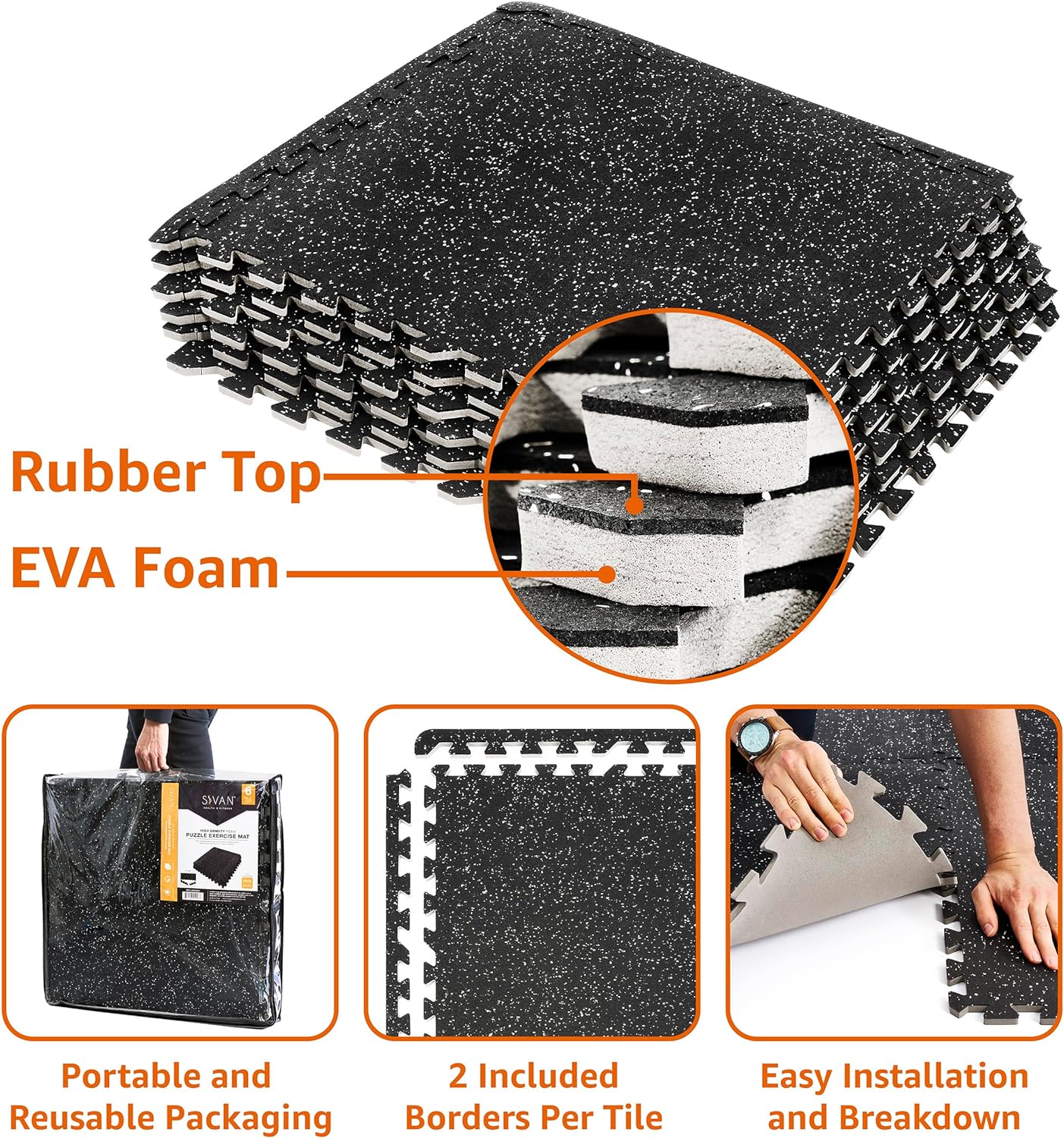 Sivan Fitness 1/2" Thick Rubber Top High-Density EVA Foam Gym Flooring for Home Gym - 48 Sq Ft Exercise Mat Tiles for Workout, Yoga, MMA, Heavy Exercise Equipment Mat - 12 Interlocking Gym Floor Mat