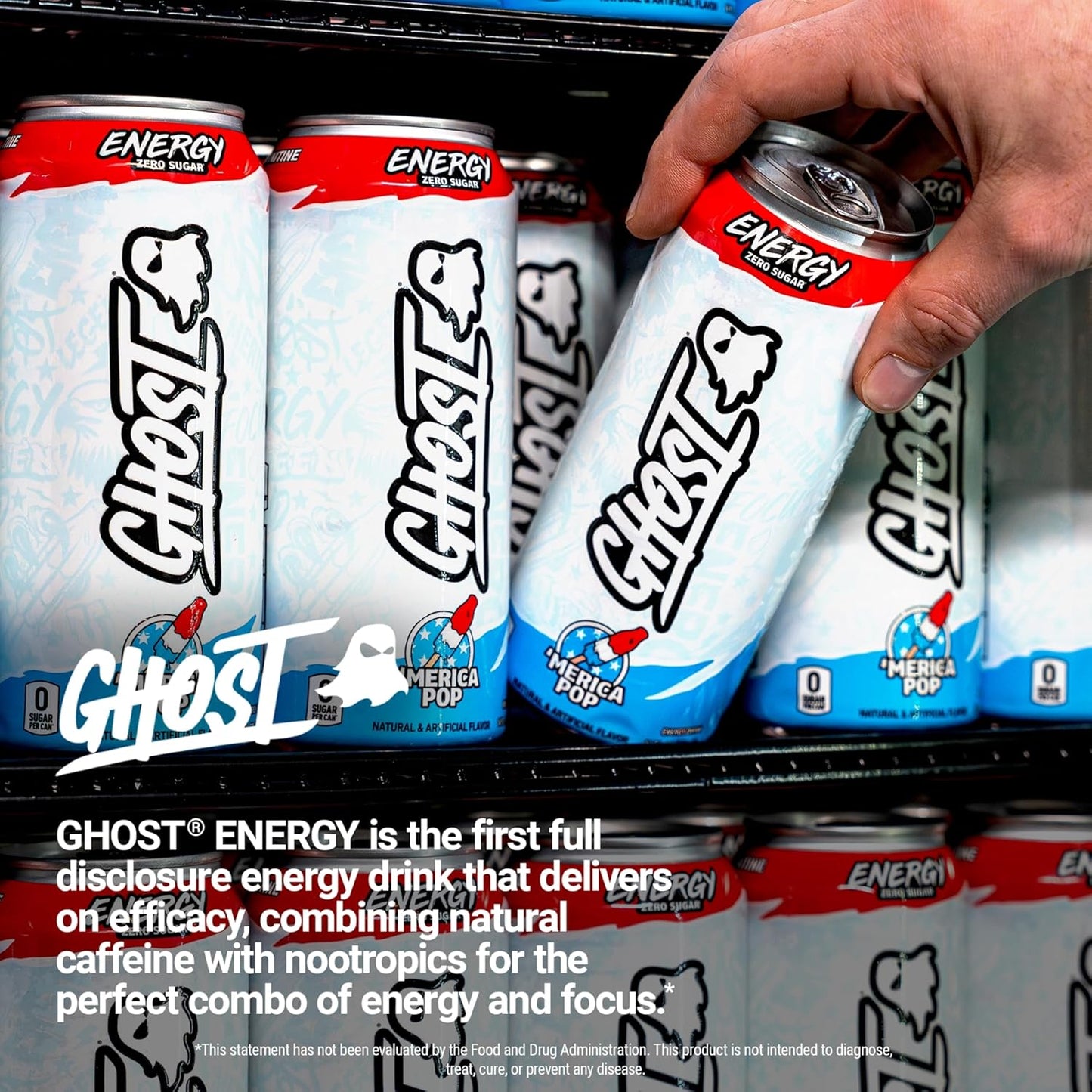 GHOST Energy Drink - 12-Pack, 'Merica Pop, 16oz Cans - Energy & Focus & No Artificial Colors - 200mg of Natural Caffeine, L-Carnitine & Taurine - Gluten-Free & Vegan