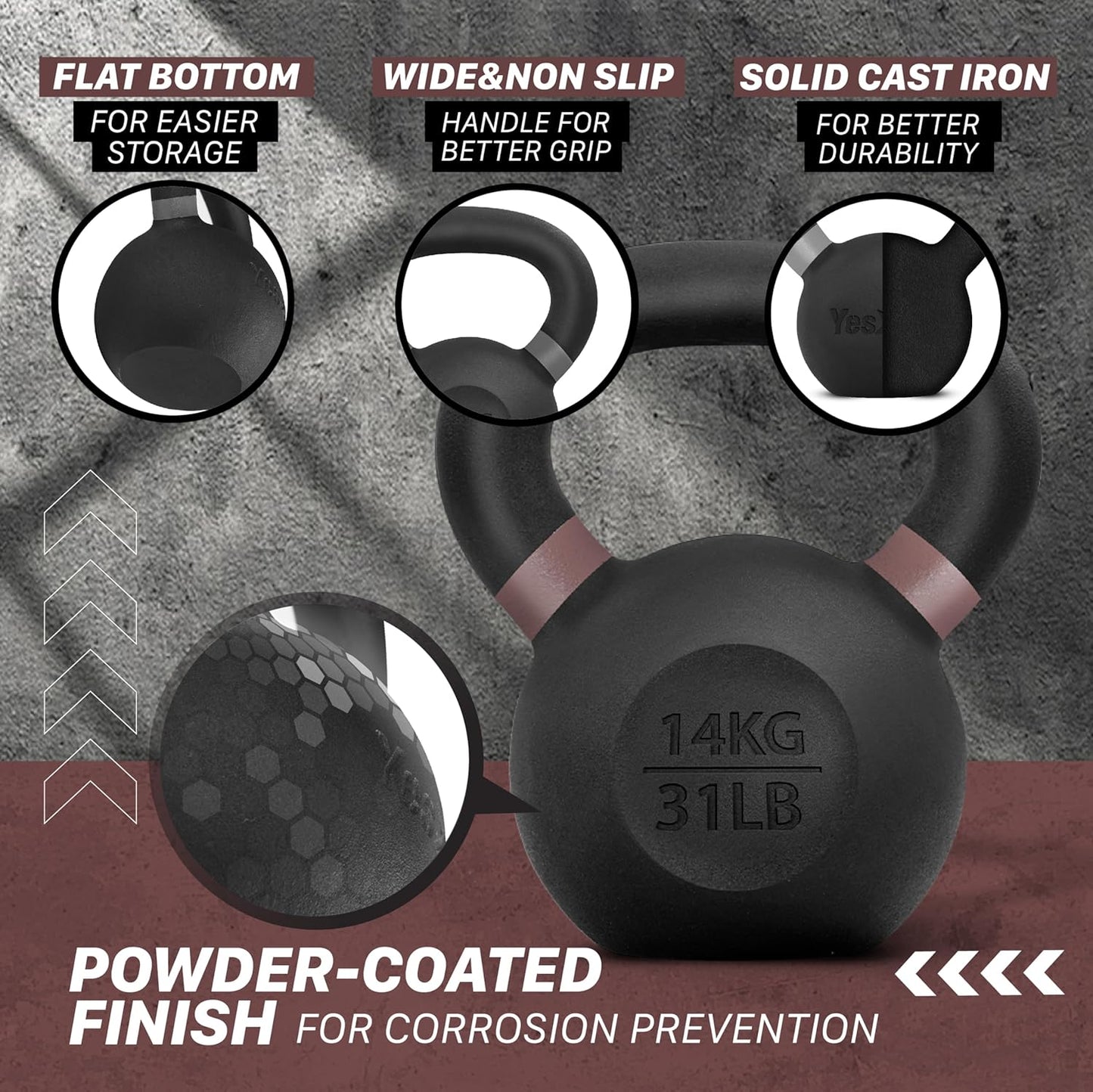 Yes4All Powder Coated Cast Iron Kettlebell Strength Training Kettlebells Weight Set for Full Body Workout, Home Gym