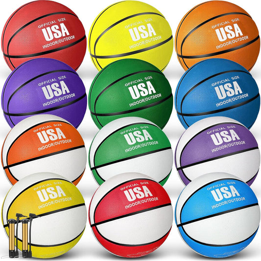 HyDren 12 Pcs Basketballs Bulk with Pump Donation Supplies Size 5/6/7 Deflated Basketball for Outside Sport Operation Machine Stitched Ball