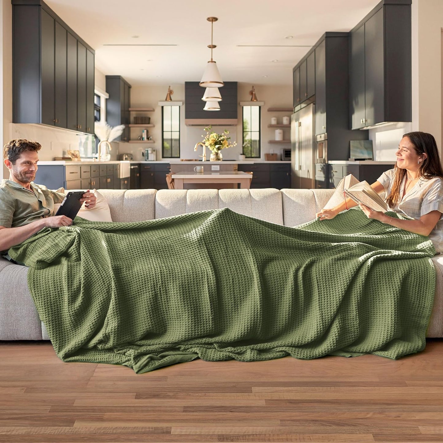 Bedsure 100% Cotton Blanket King Size for Bed - Breathable and Soft, Waffle Weave Blanket for Summer, Thick Cozy Fall Blankets for Women Gift, Olive Green, 104x90 inches