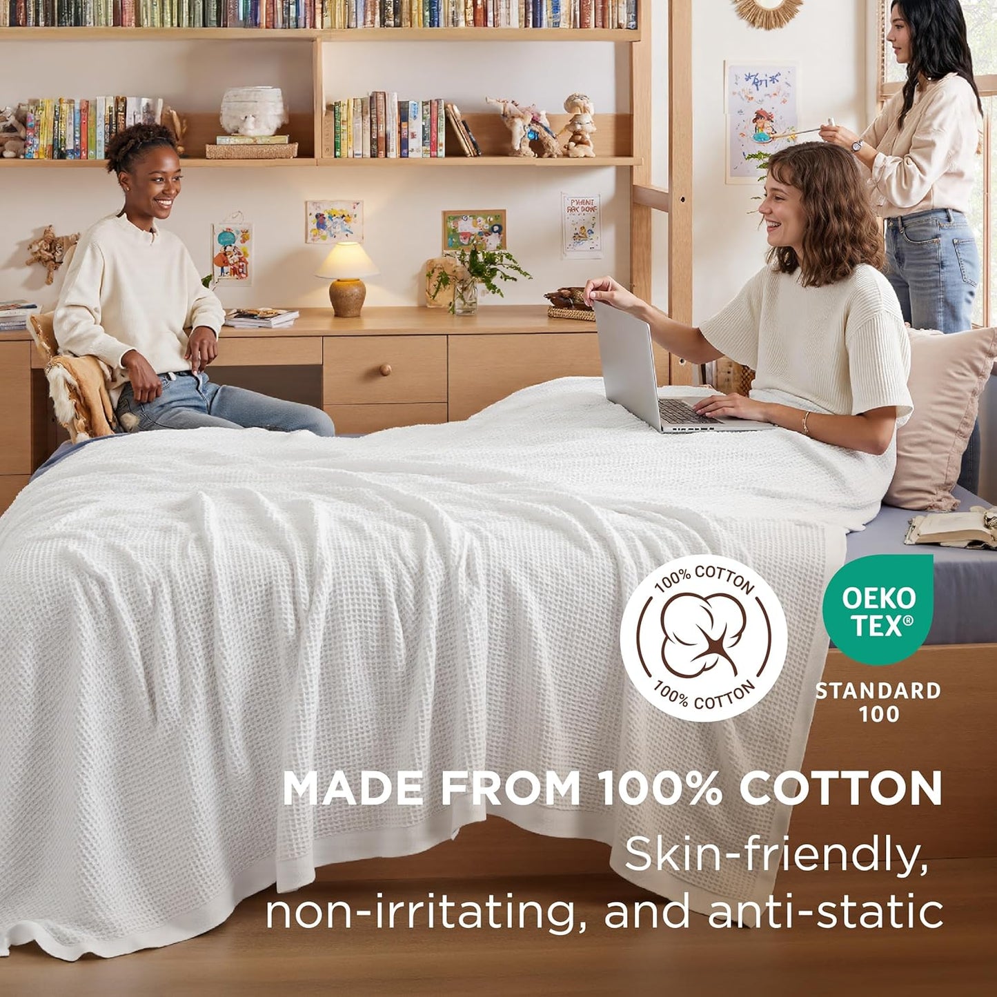 Bedsure 100% Cotton Blanket Twin XL Size for College Dorm - Breathable and Soft, Waffle Weave Twin Blanket for Summer, Dorm Room Essentials, White, 66x90 inches