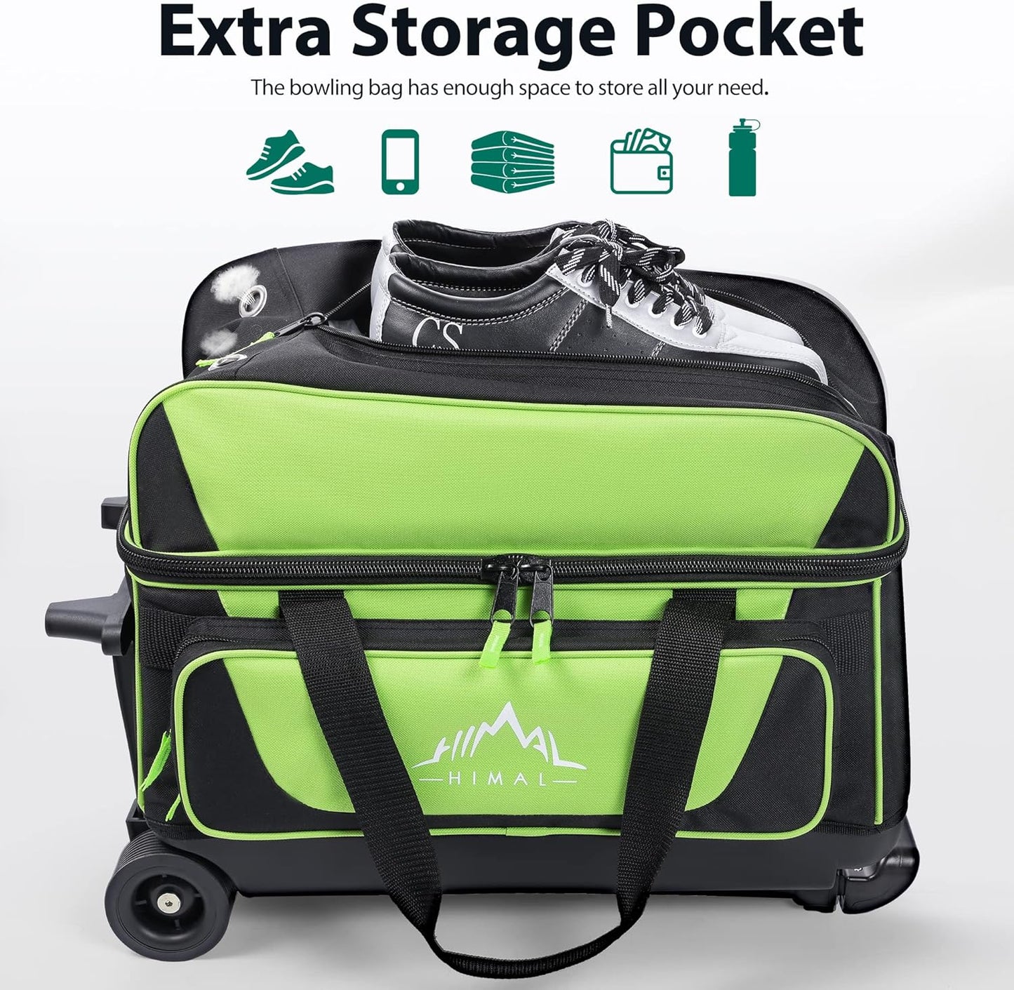 Double Roller 2 Ball Bowling Bag with Separate Shoe Compartment for Bowling Shoes (Up To US Mens Size 15) and Oversized Accessory Pocket, Retractable Handle - Extends to 40"