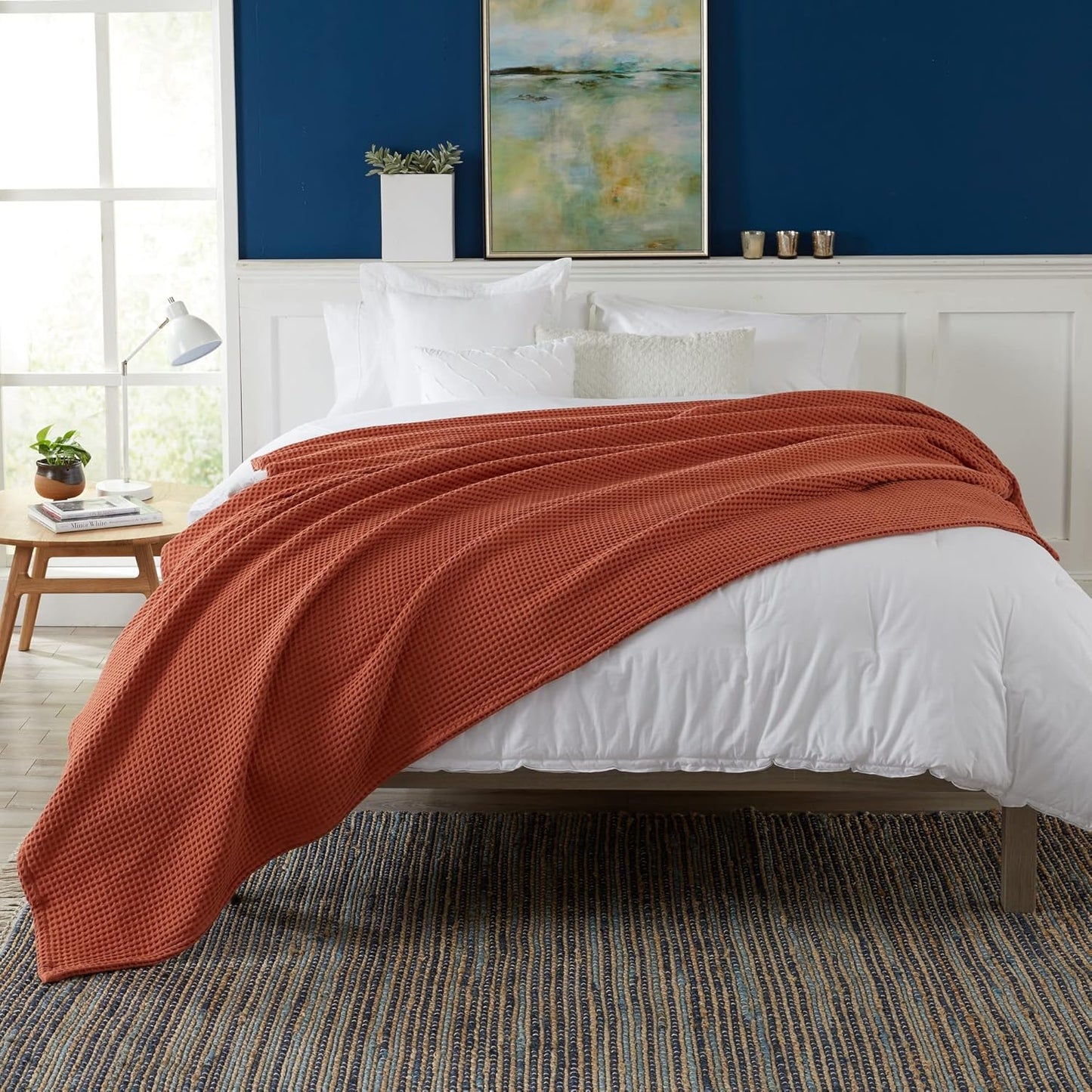 100% Cotton Waffle Weave Bed Blanket | Soft, Breathable, and Lightweight Blanket for All-Season | Perfect for Layering | Brielle Collection (Full/Queen, Burnt Orange)