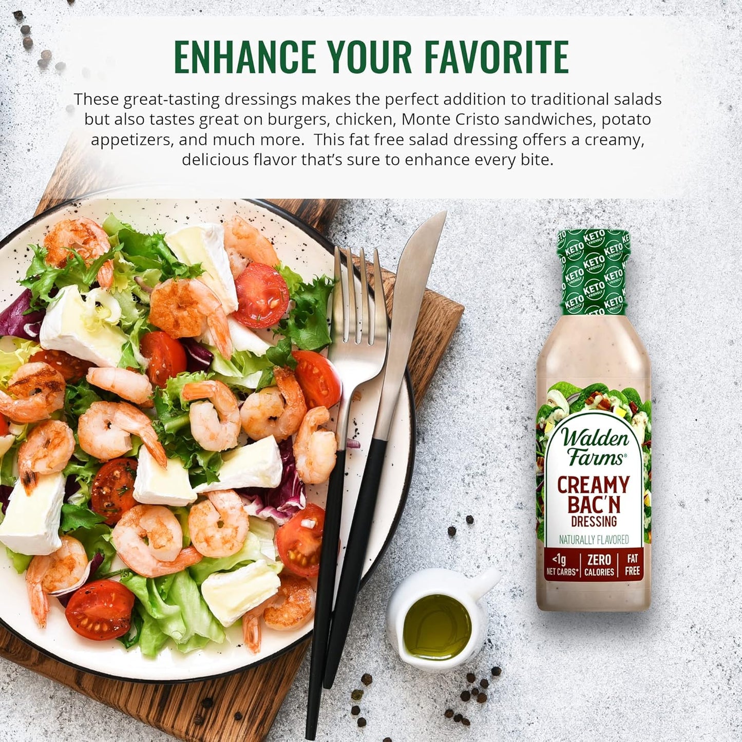 Walden Farms Creamy Bac’n Dressing – Low Carb, Calorie-Free, Gluten-Free, Keto-Friendly, Sugar-Free, Fat-Free, Dairy-Free Smoky Bacon Flavor – 2-Pack, 12 oz Bottles