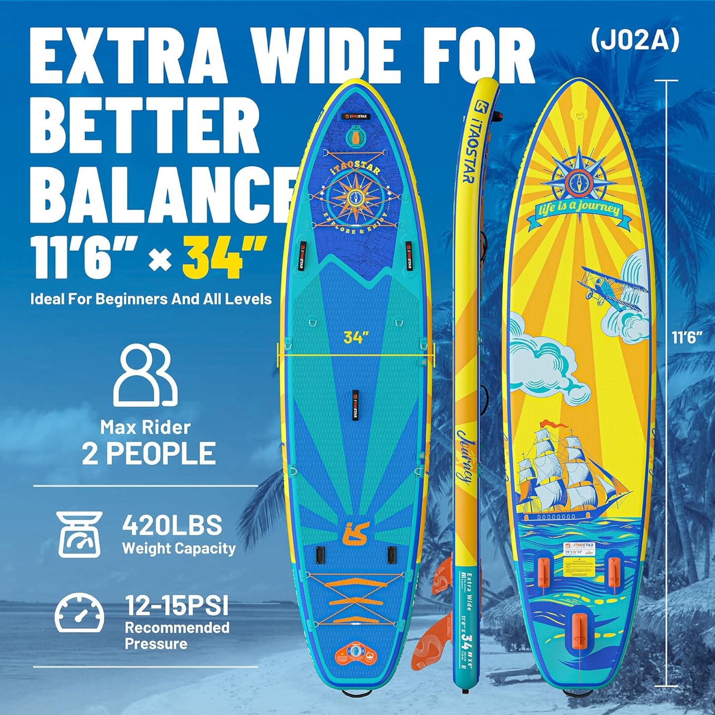 Journey 11'6" / 11'×34" / 11'×35" Extra Wide Paddle Board, One-Stop Premium SUP Board Accessories, Tailored Fins, Stable Inflatable Stand Up Paddle Boards for Youth/Adults of All Skill Levels