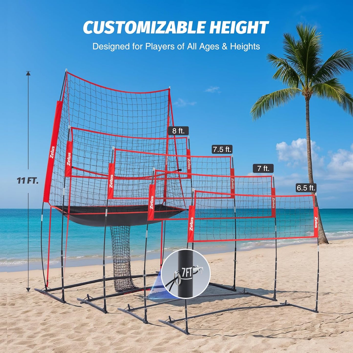 ZELUS Volleyball Training Equipment, 11x8 ft Volleyball Practice Net Station with Adjustable Height & Ball Return