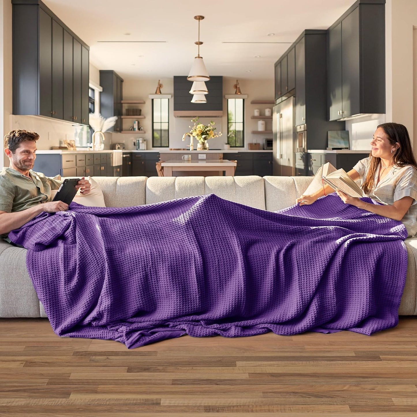 Bedsure 100% Cotton Blanket King Size for Bed - Breathable and Soft, Waffle Weave Blanket for Summer, Thick Cozy Fall Blankets for Women Gift, Purple, 104x90 inches