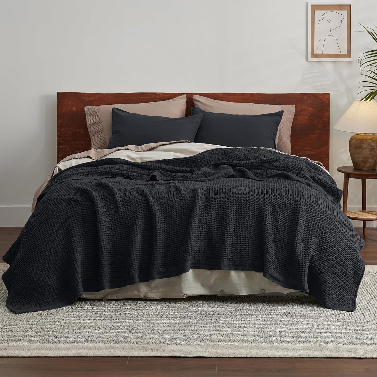 Bedsure 100% Cotton Blanket King Size for Bed - Breathable and Soft, Waffle Weave Blanket for Summer, Thick Cozy Fall Blankets for Women Gift, Black, 104x90 inches
