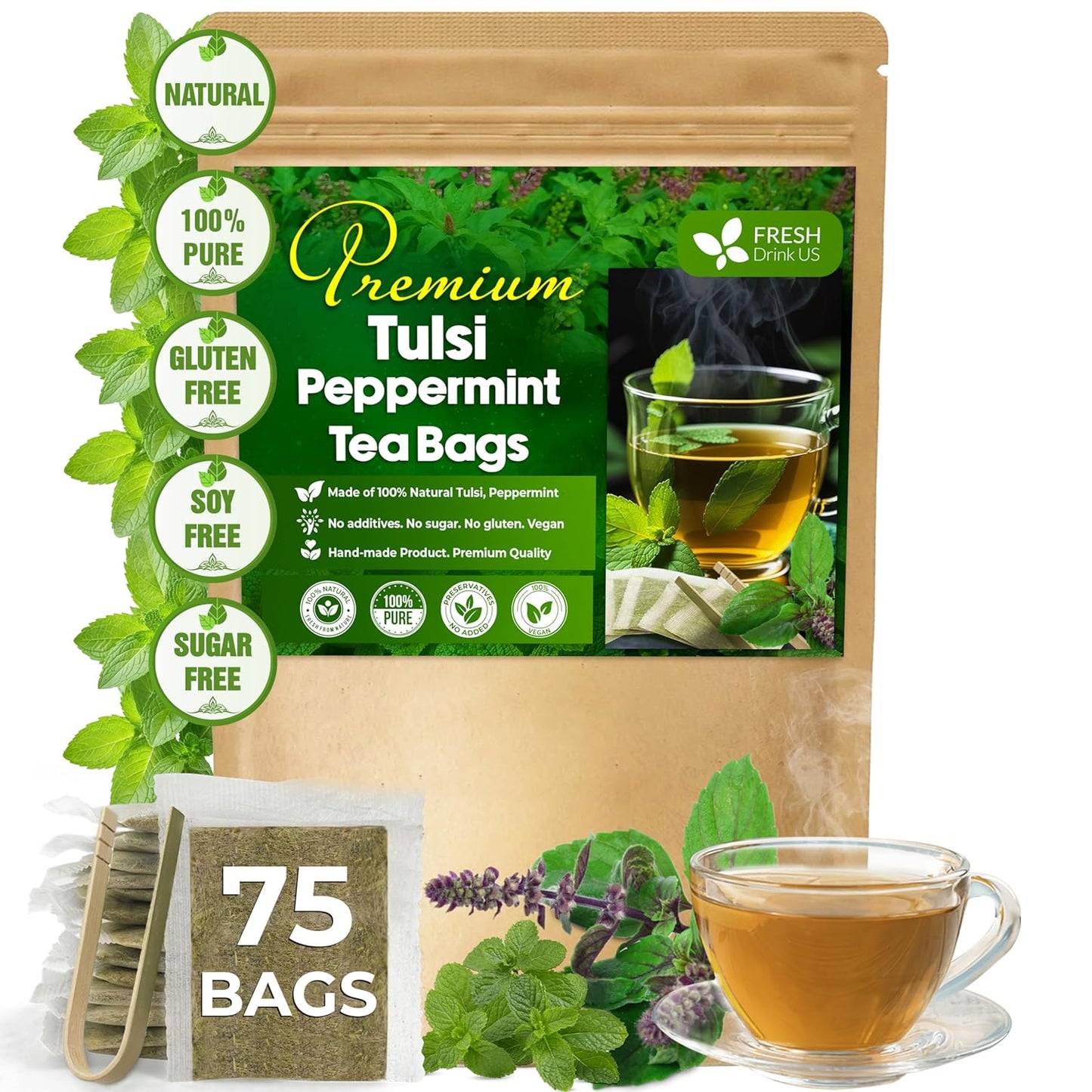 FreshDrinkUS, Premium Tulsi Peppermint Herbal Tea – 75 Tea Bags, 100% Natural, Blend of Tulsi Holy Basil Leaves, and Peppermint Leaves. Made with Natural Material Tea Bags. No Sugar, Vegan.