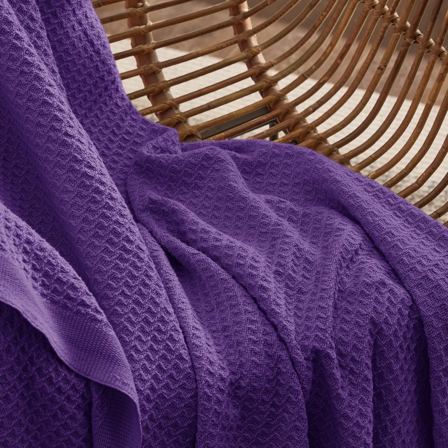 Bedsure 100% Cotton Blanket King Size for Bed - Breathable and Soft, Waffle Weave Blanket for Summer, Thick Cozy Fall Blankets for Women Gift, Purple, 104x90 inches