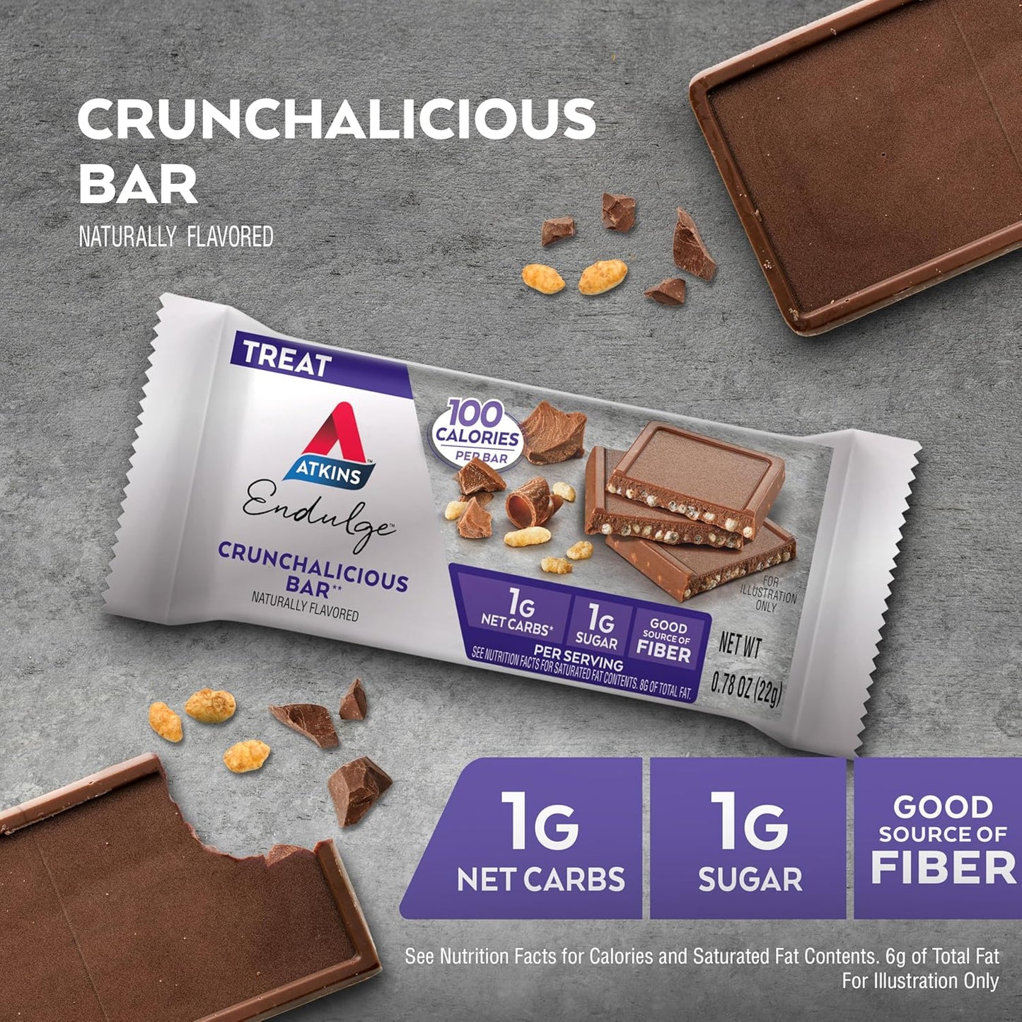 Atkins Endulge, Crunchalicious Bar, 1g Net Carbs, 1g Sugar, Good Source of Fiber, 5 Count (Pack of 8)