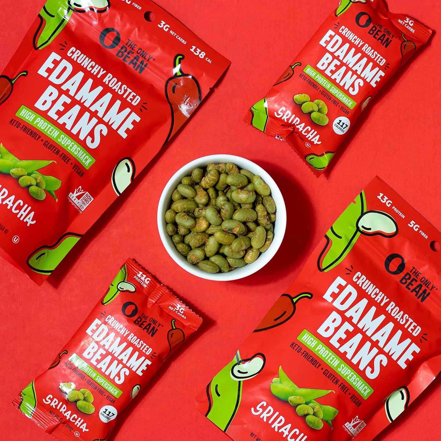 The Only Bean Crunchy Roasted Edamame Snacks Pack (Sriracha), Protein Keto Food, Gluten Free, Asian Japanese Snacks, Hot Spicy Snack, 0.9oz 10 Pack