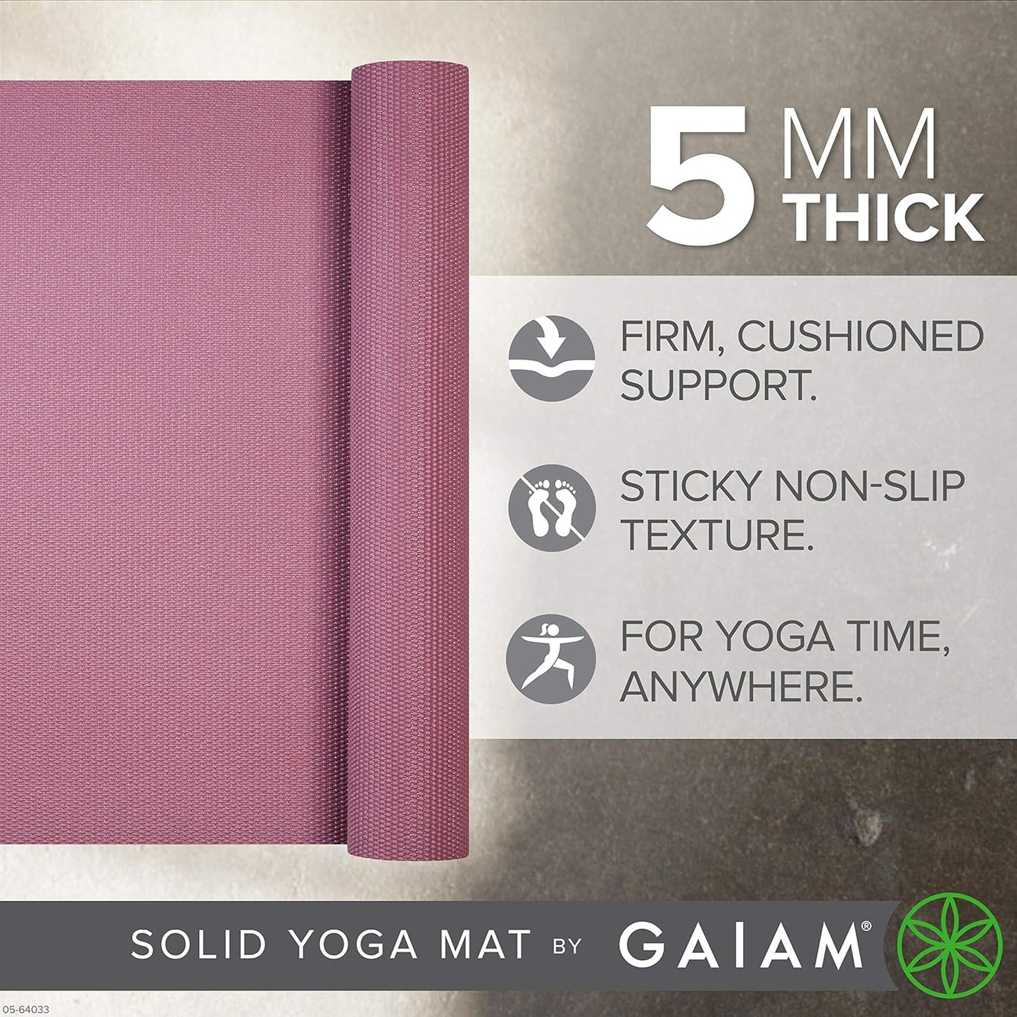 Gaiam Yoga Mat - Premium 5mm Solid Thick Non Slip Exercise & Fitness Mat for All Types of Yoga, Pilates & Floor Workouts (68" x 24" x 5mm)