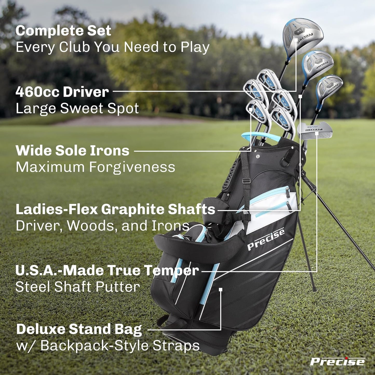 Precise AMG Right-Handed Complete Golf Clubs Set for Petite & Regular Height Women: 460cc Driver, 21° Hybrid, 3 Wood, 6-PW Stainless Irons, Putter, Stand Bag, 3 H/C's | Choose Your Color & Size