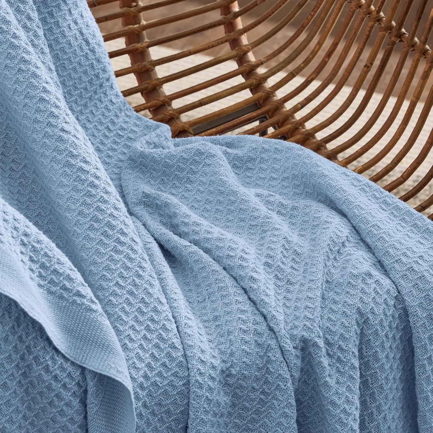 Bedsure 100% Cotton Large Throw Blanket for Couch 50x70 inches - Breathable and Soft, Waffle Weave Throw Blanket for Office, Sky Blue