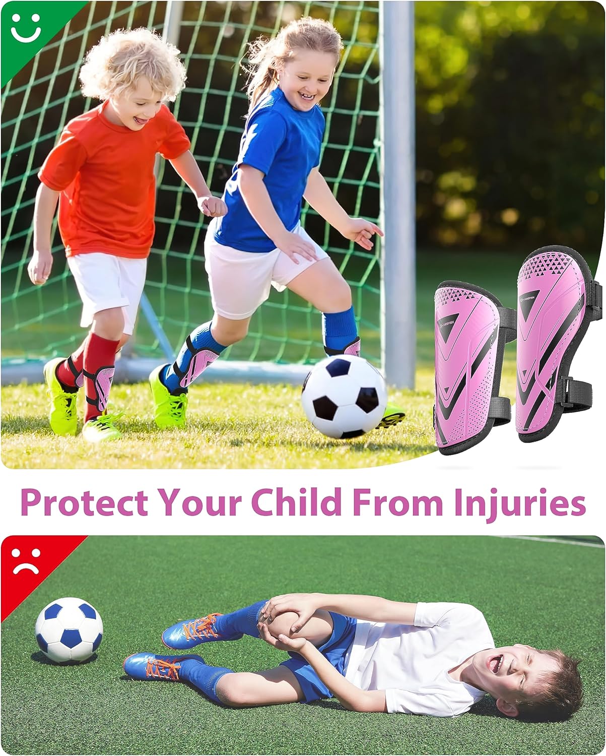 Shin Guards Soccer Kids Youth, CE Certified Airsfish Shin Guard Protection Gear for 2-18 Years Old Boys Girls Teenagers High Impact Resistant Breathable Comfortable 1 Pair 4 Sizes