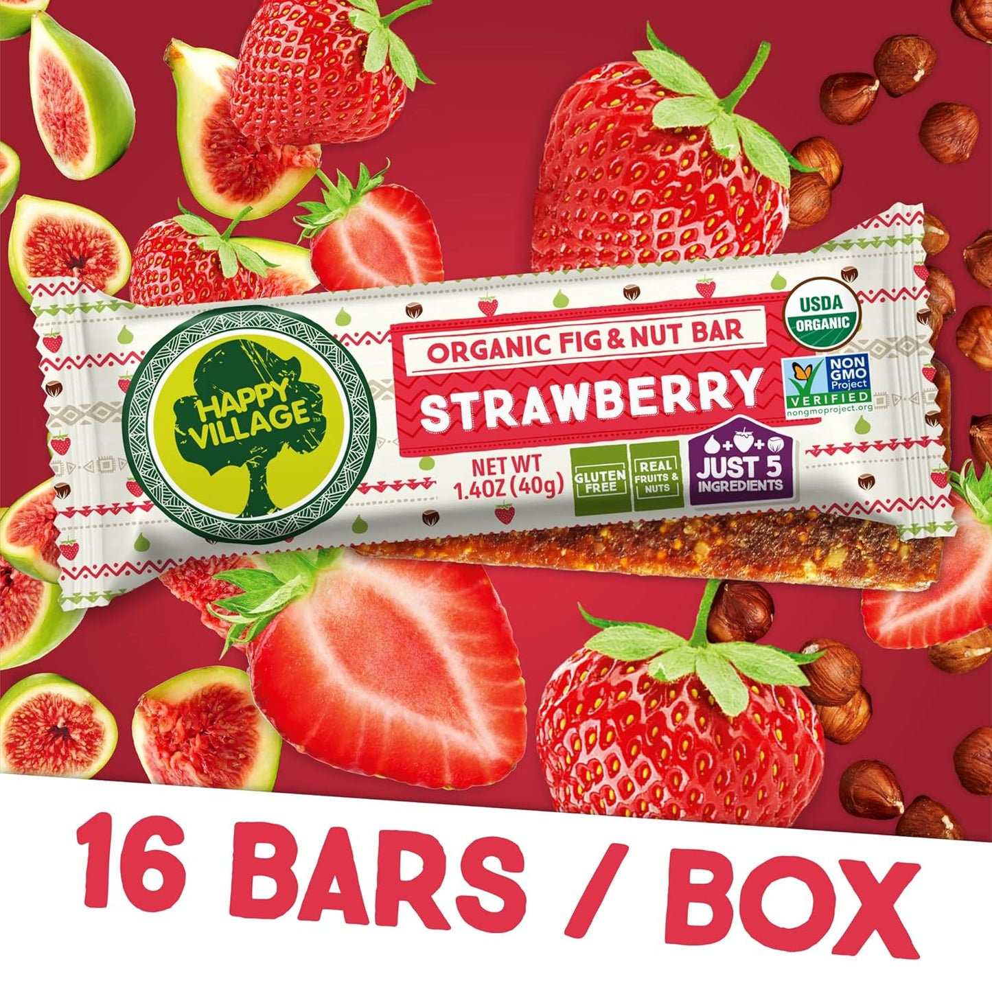 Happy Village Organic Fruit & Nut Bars, STRAWBERRY | Gluten Free, No Refined Sugar, Kosher, Non-GMO, Vegan, Good Source of Fiber | Organic Healthy Snack Bars (16 bars, 1.4 OZ each)