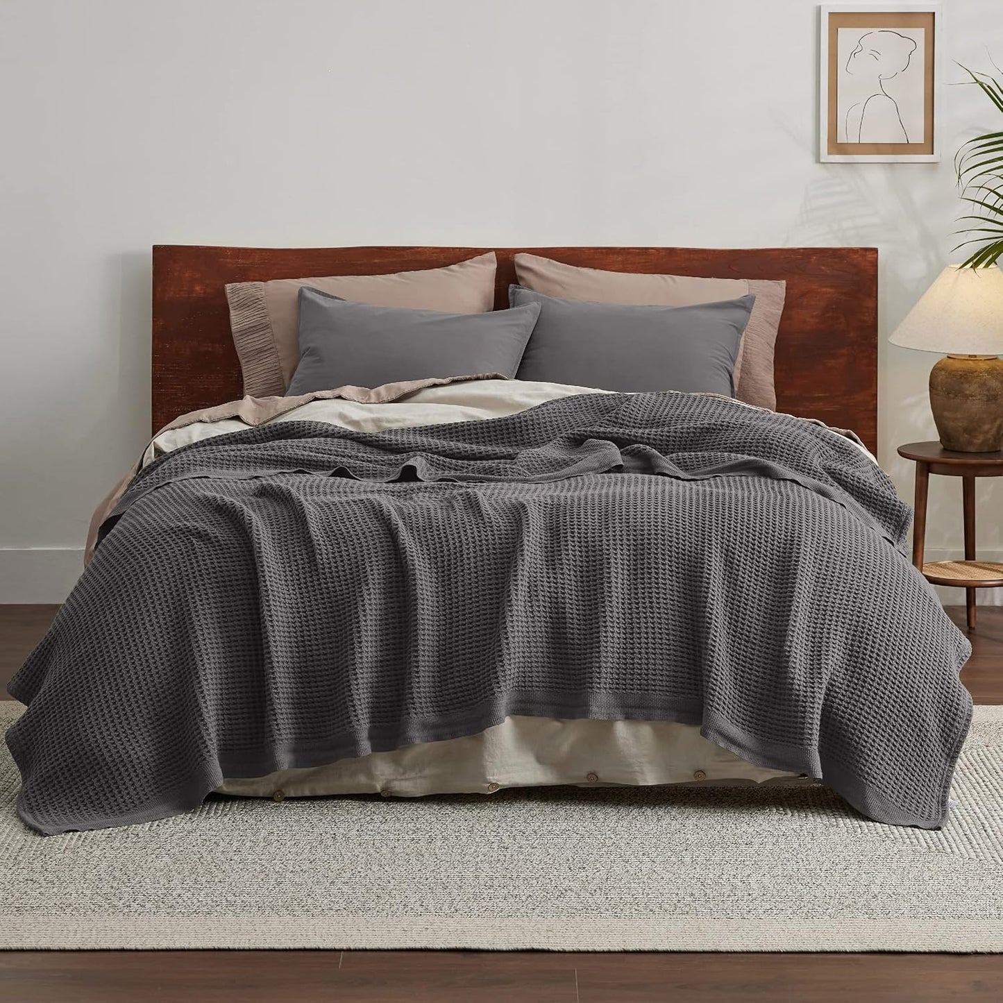 Bedsure 100% Cotton Blanket Queen Size for Bed - Breathable and Soft, Waffle Weave Blanket for Summer, Thick Cozy Fall Blankets for Women Gift, Dark Grey, 90x90 Inches