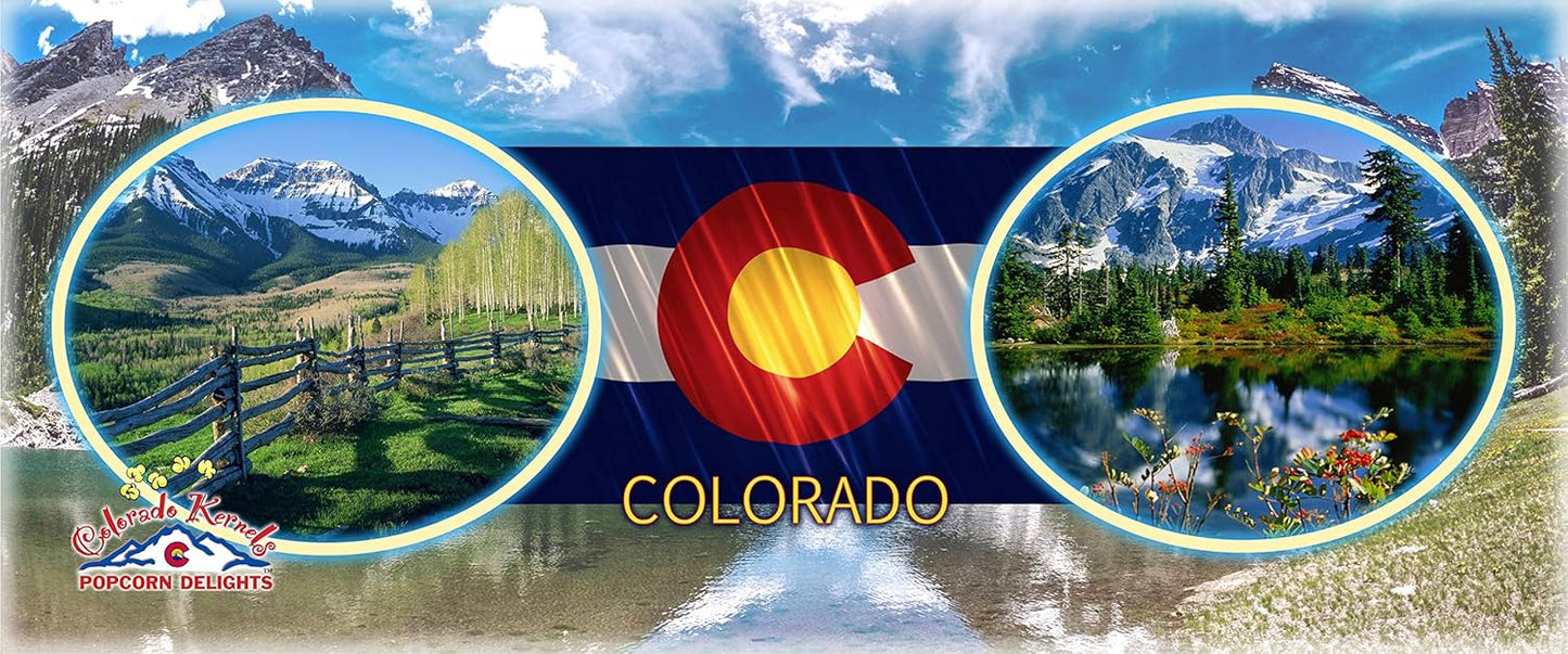 Popcorn by Colorado Kernels Popcorn Delights | 3.5 Gal CELEBRATE COLORADO MOUNTAINS Bucket | 6 lg resealable bags | Kettle Corn, Cheddar Cheese, Caramel Corn,Chocolate, Almonds/Pecans, Buffalo Ranch