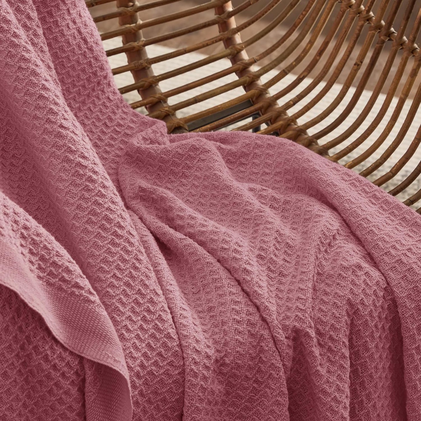 Bedsure 100% Cotton Blanket King Size for Bed - Breathable and Soft, Waffle Weave Blanket for Summer, Thick Cozy Fall Blankets for Women Gift, Dusty Rose, 104x90 inches