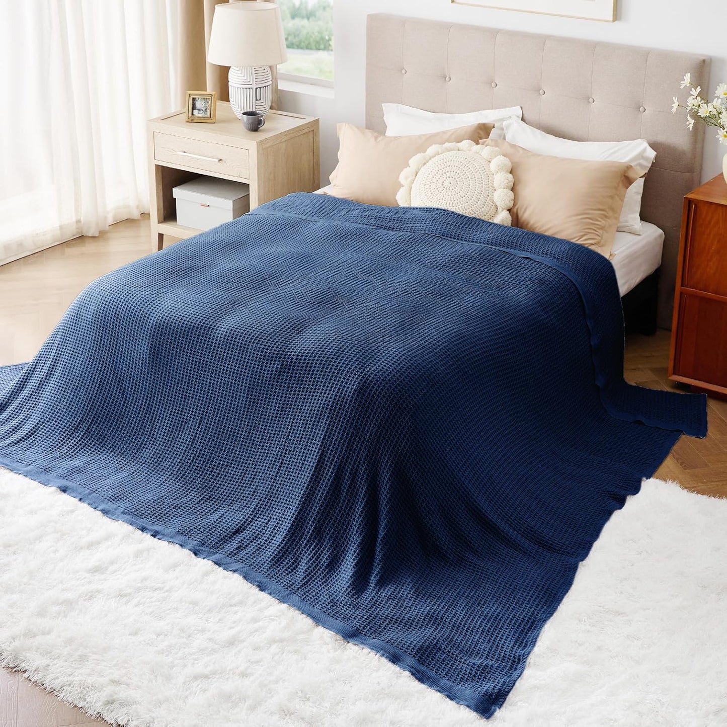 Bedsure 100% Cotton Large Blanket Oversized King for Bed - Breathable Thick Waffle Weave Blanket for Summer, Couch Cover, Navy, 120x94 inches