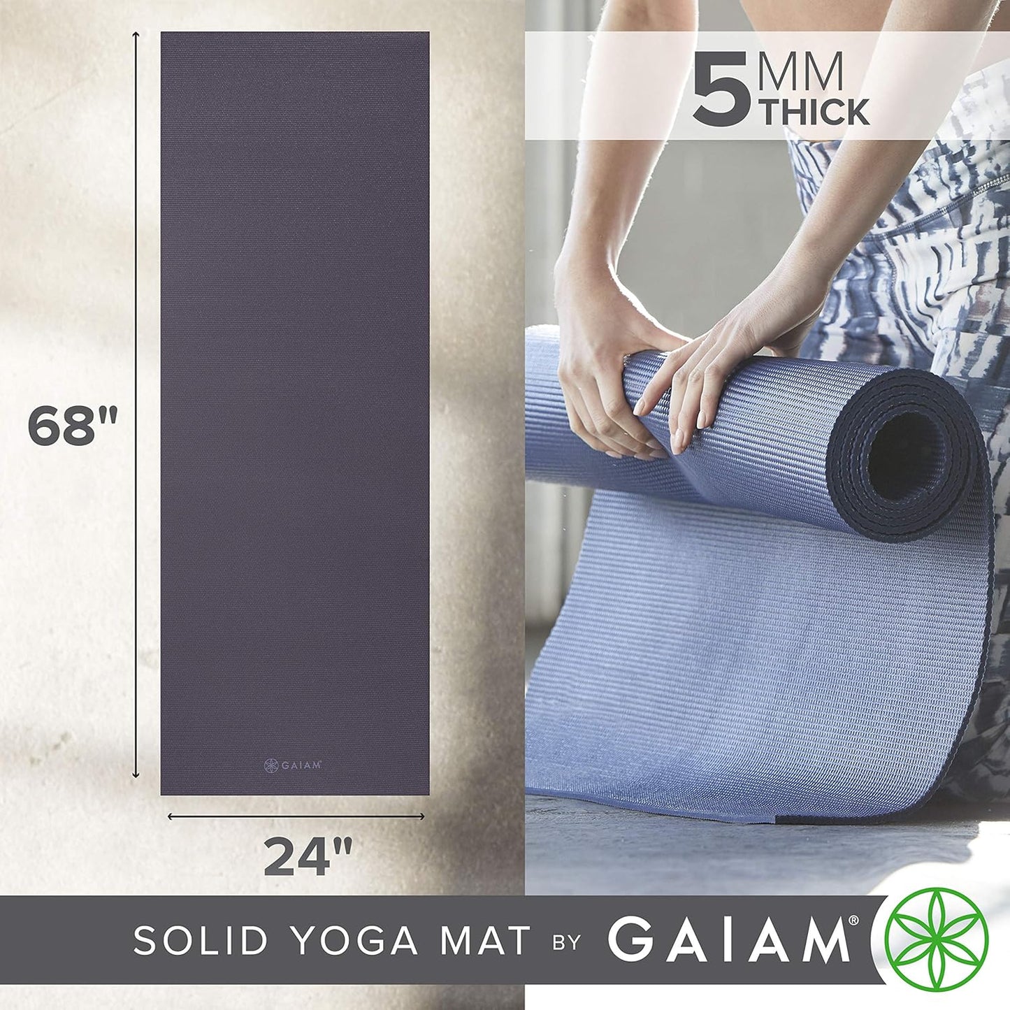 Gaiam Yoga Mat - Premium 5mm Solid Thick Non Slip Exercise & Fitness Mat for All Types of Yoga, Pilates & Floor Workouts (68" x 24" x 5mm)