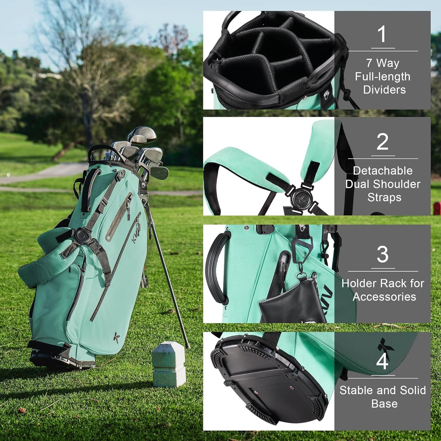 KVV Lightweight Golf Stand Bag with 7 Way Full-Length Dividers, 5 Zippered Pockets, Automatically Adjustable Dual Straps，Elegant Design