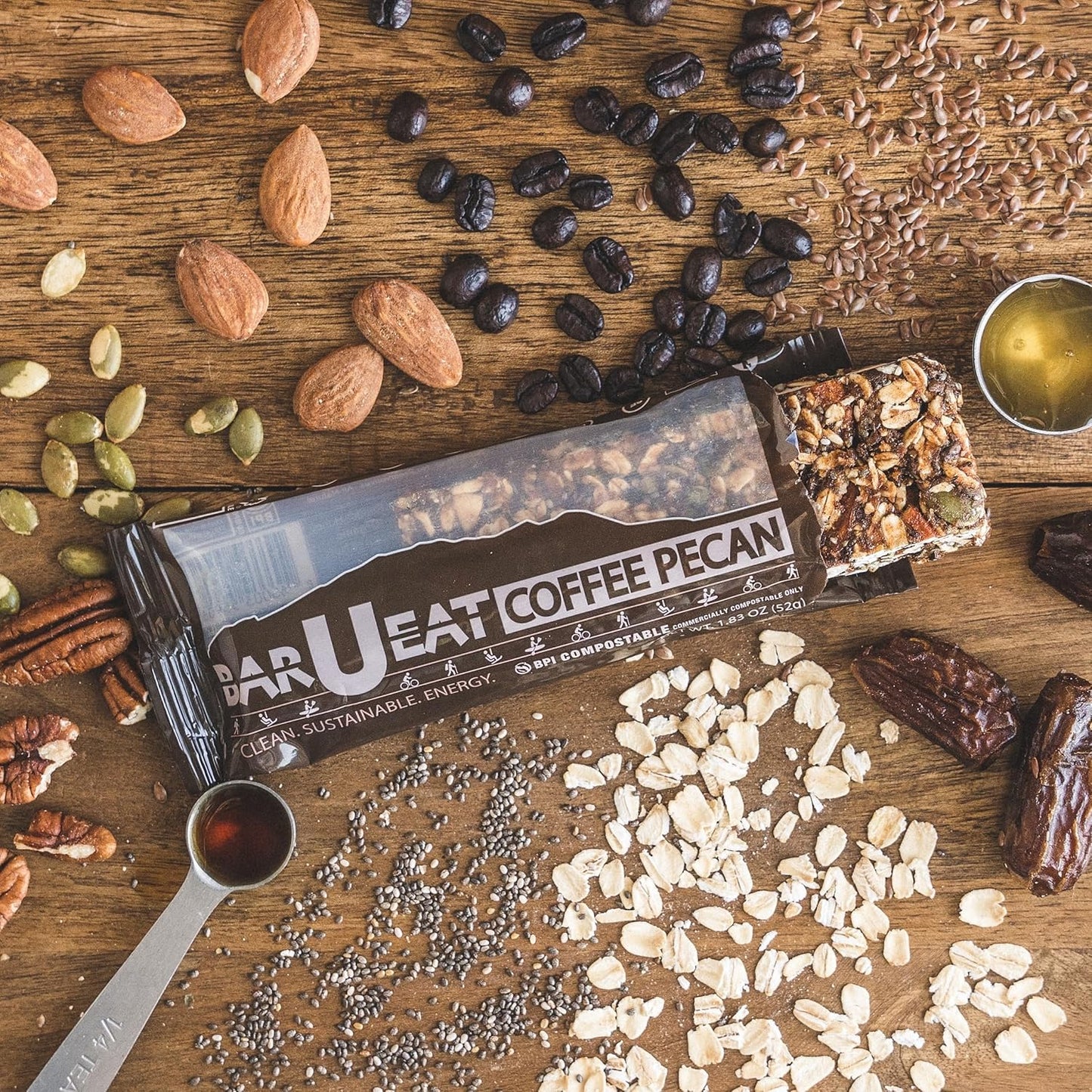 BAR-U-EAT Gluten-Free, Organic, Soft & Chewy Energy Bar. Whole Food Ingredients | Compostable Packaging | No Artificial Sugar | Healthy Snacks (Coffee Pecan 12 Pack)