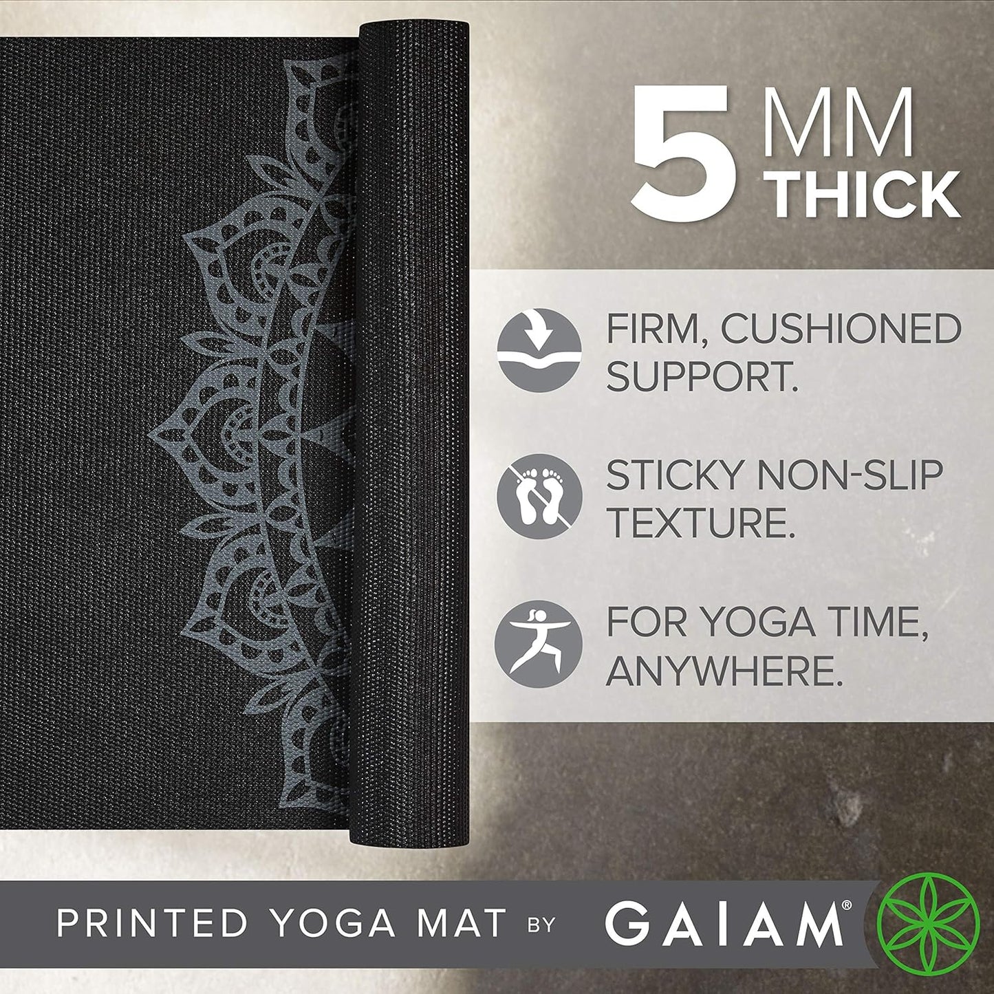 Gaiam Yoga Mat - Premium 5mm Print Thick Non Slip Exercise & Fitness Mat for All Types of Yoga, Pilates & Floor Workouts (68" x 24" x 5mm)
