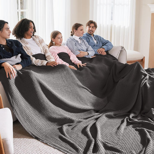 Bedsure 100% Cotton Large Blanket Oversized King for Bed - Breathable Thick Waffle Weave Blanket for Summer, Couch Cover, Dark Grey, 120x94 inches