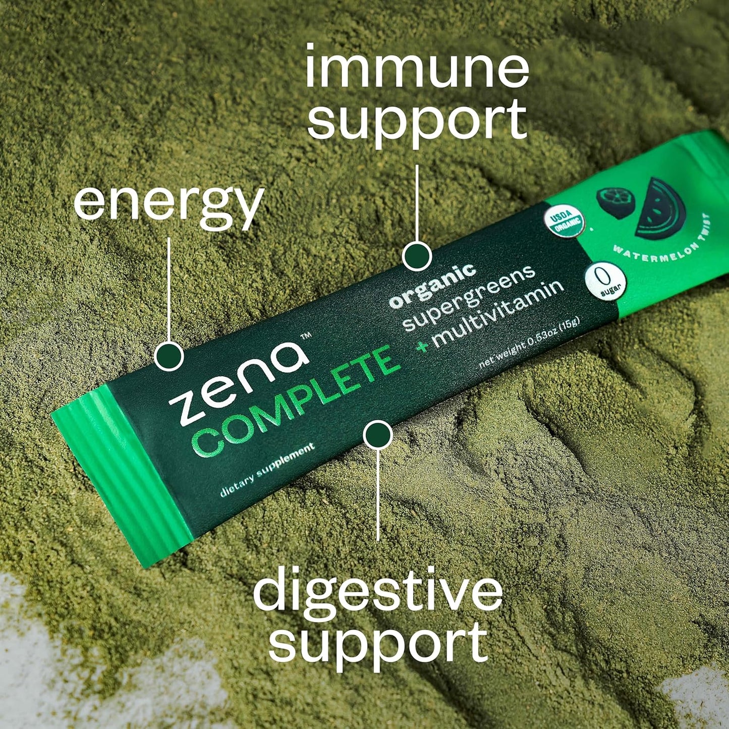 Zena Complete Organic Super Greens Powder & Multivitamin, 90+ Supergreens, Fruits, Veggies, Pre & Probiotics, Watermelon Citrus Flavor, 30 Packets + Water Bottle