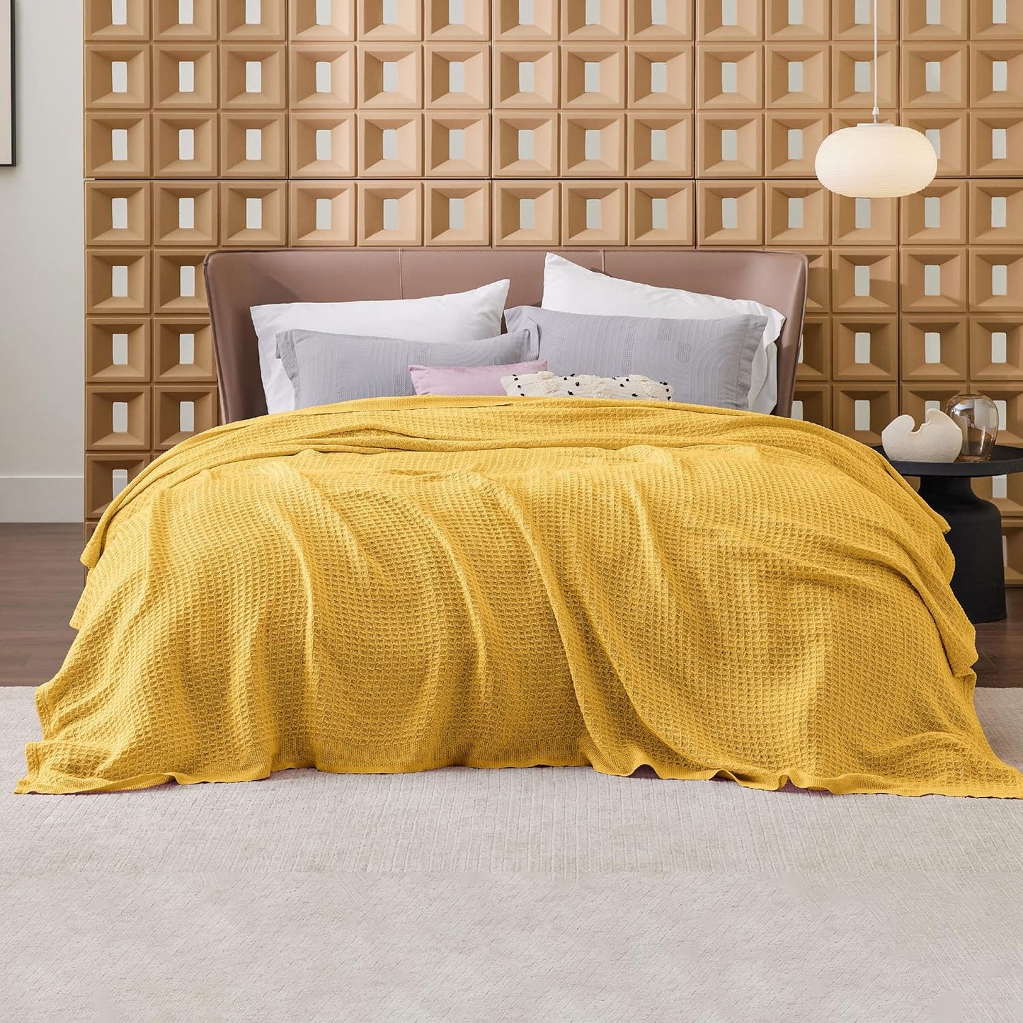 Bedsure 100% Cotton Blanket Queen Size for Bed - Breathable and Soft, Waffle Weave Blanket for Summer, Thick Cozy Fall Blankets for Women Gift, Mustard Yellow, 90x90 Inches