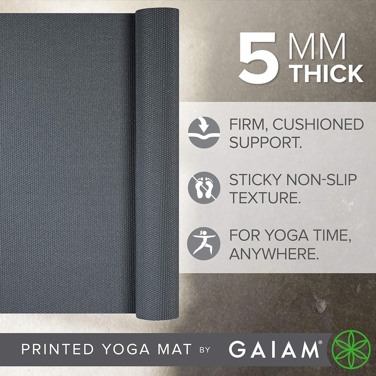 Gaiam Yoga Mat - Premium 5mm Solid Thick Non Slip Exercise & Fitness Mat for All Types of Yoga, Pilates & Floor Workouts (68" x 24" x 5mm)
