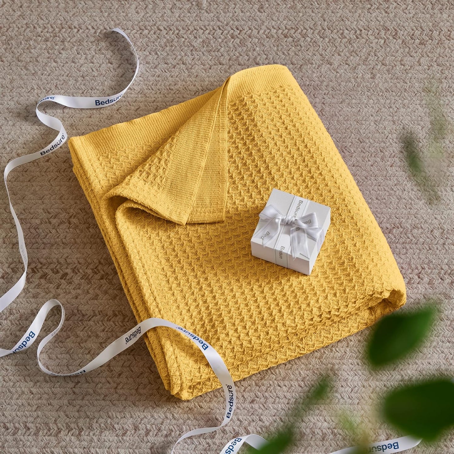 Bedsure 100% Cotton Blanket Queen Size for Bed - Breathable and Soft, Waffle Weave Blanket for Summer, Thick Cozy Fall Blankets for Women Gift, Mustard Yellow, 90x90 Inches