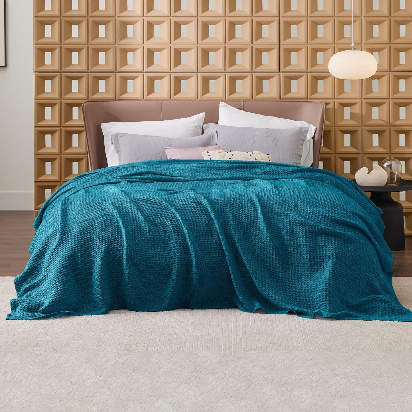 Bedsure 100% Cotton Blanket Twin XL Size for College Dorm - Breathable and Soft, Waffle Weave Twin Blanket for Summer, Dorm Room Essentials, Teal, 66x90 inches