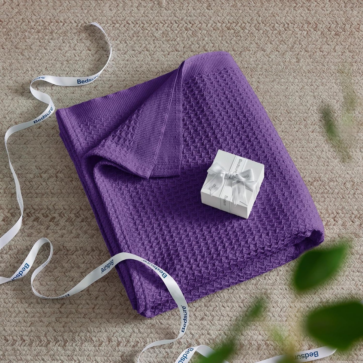 Bedsure 100% Cotton Blanket Twin XL Size for College Dorm - Breathable and Soft, Waffle Weave Twin Blanket for Summer, Dorm Room Essentials, Purple, 66x90 inches