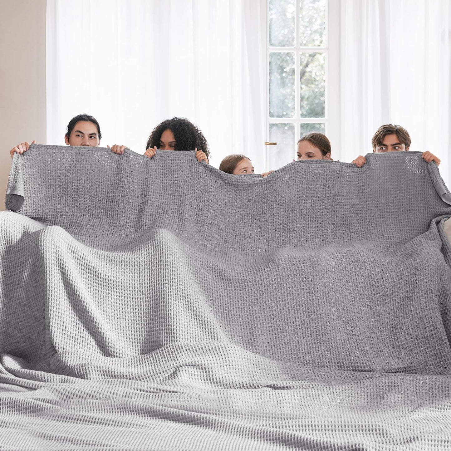 Bedsure 100% Cotton Large Blanket Oversized King for Bed - Breathable Thick Waffle Weave Blanket for Summer, Couch Cover, Grey, 120x94 inches
