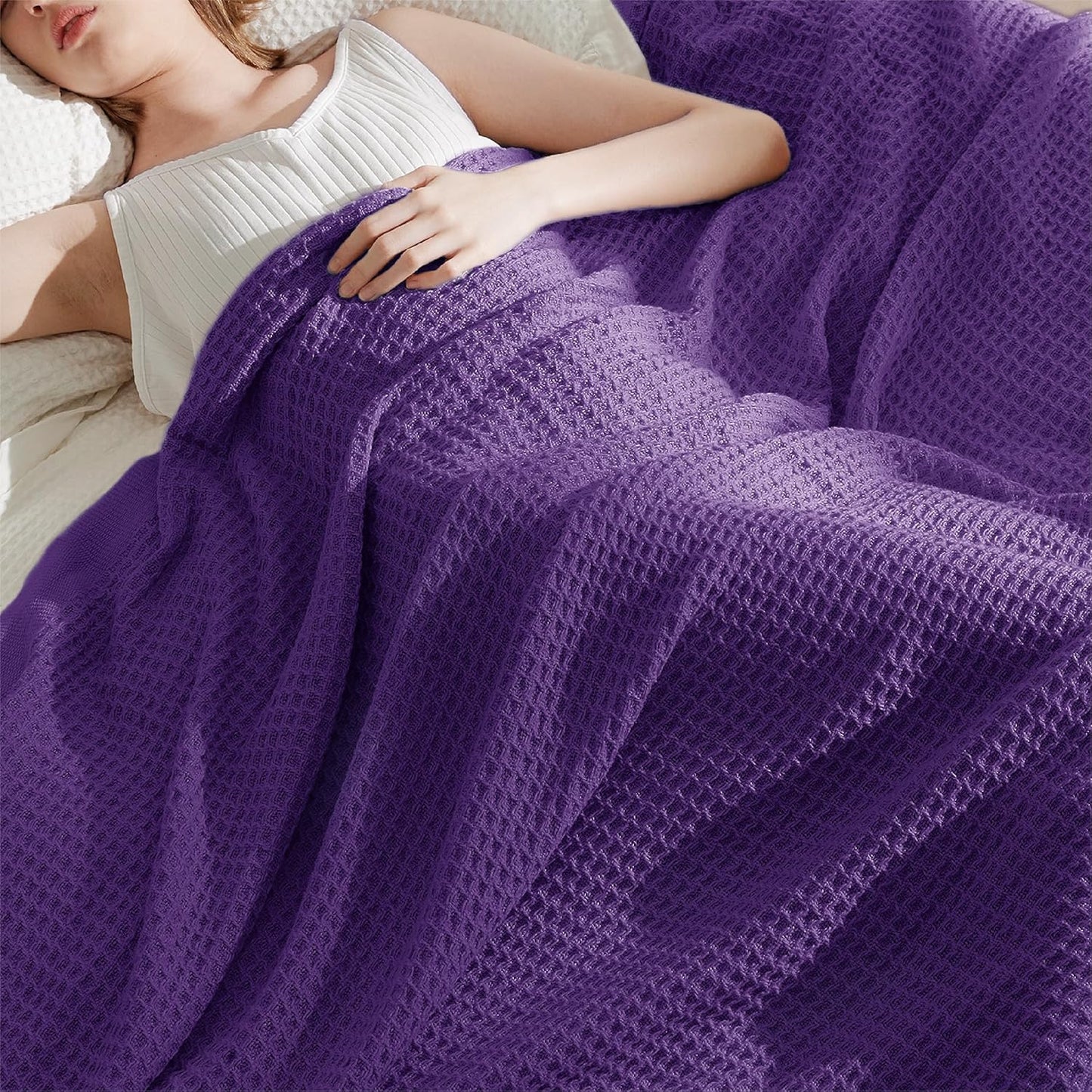 Bedsure 100% Cotton Blanket Twin XL Size for College Dorm - Breathable and Soft, Waffle Weave Twin Blanket for Summer, Dorm Room Essentials, Purple, 66x90 inches
